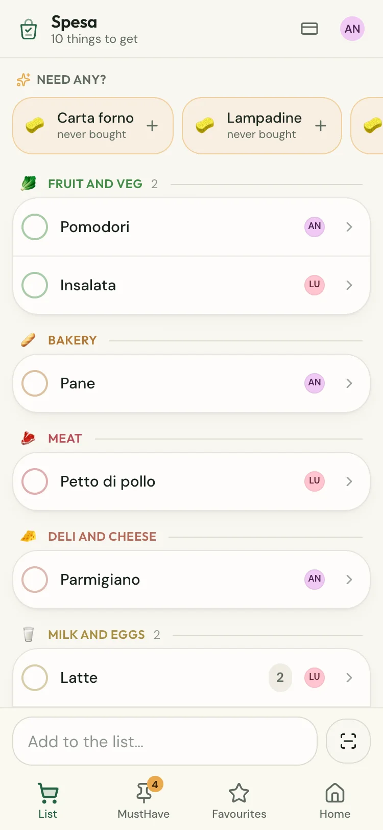The shopping list sorted by aisle, colour‑coded by who added each item