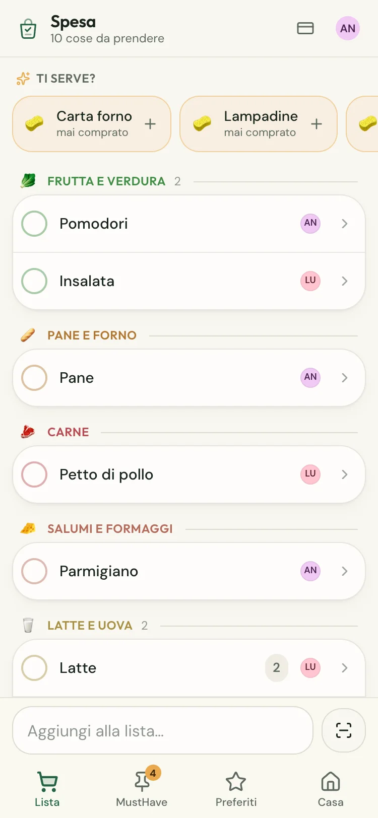 La lista della spesa di SpesaDistesa divisa per reparto