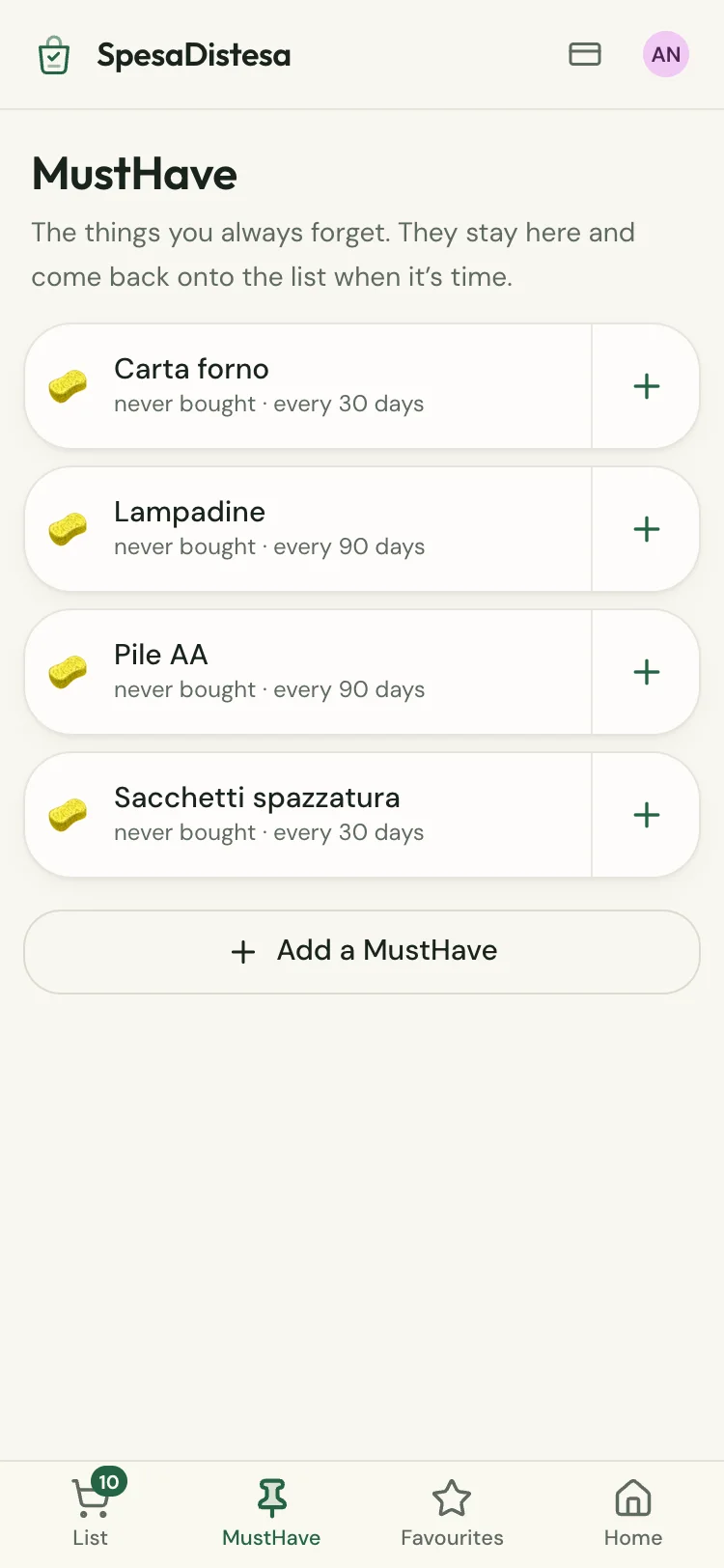 The MustHave screen with repurchase frequency