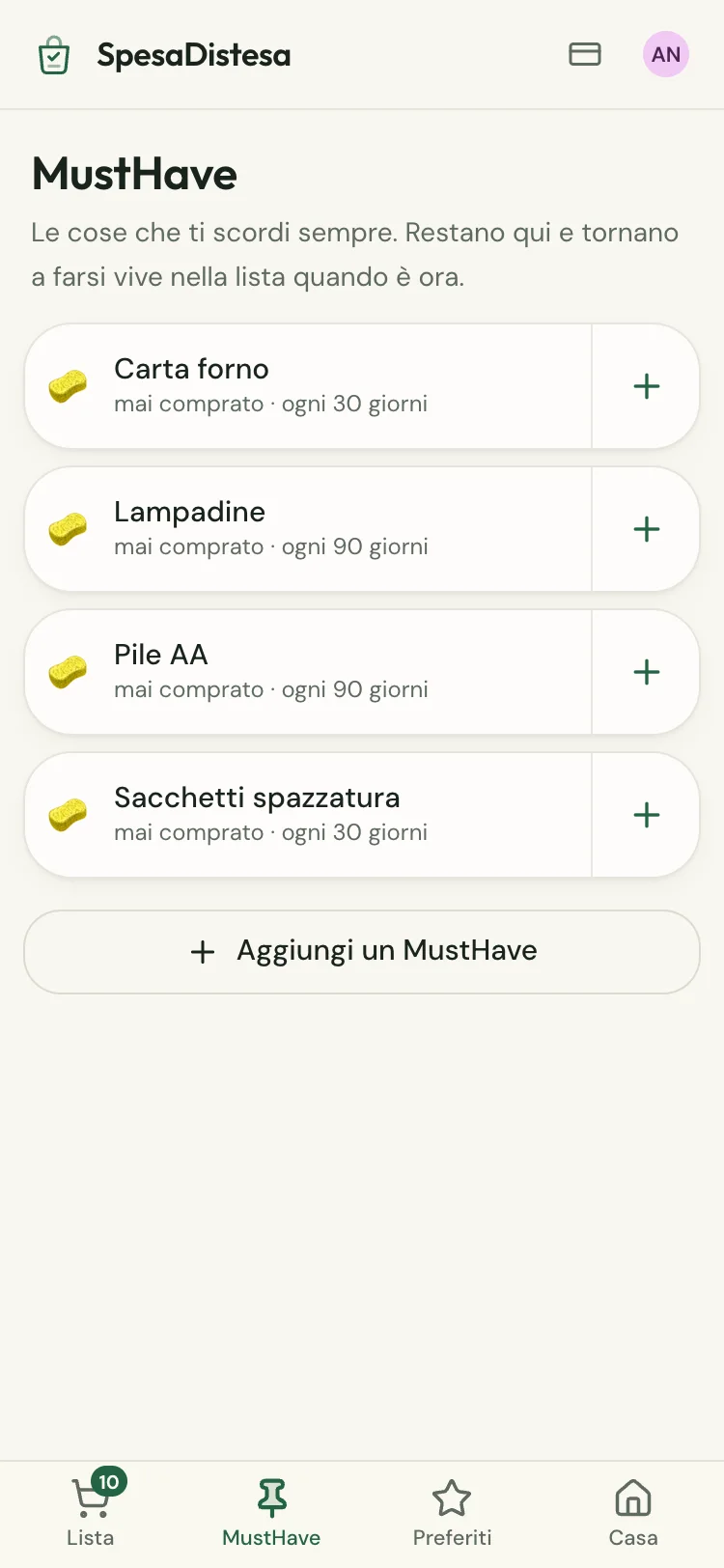 La schermata dei MustHave, con la frequenza di riacquisto